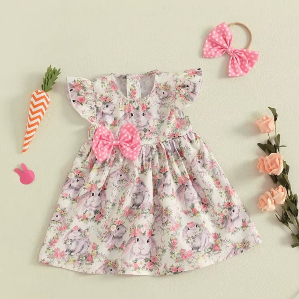 Easter Bunny Rabbit Floral Sleeveless Baby Toddler Girls Dress & Bow Headband